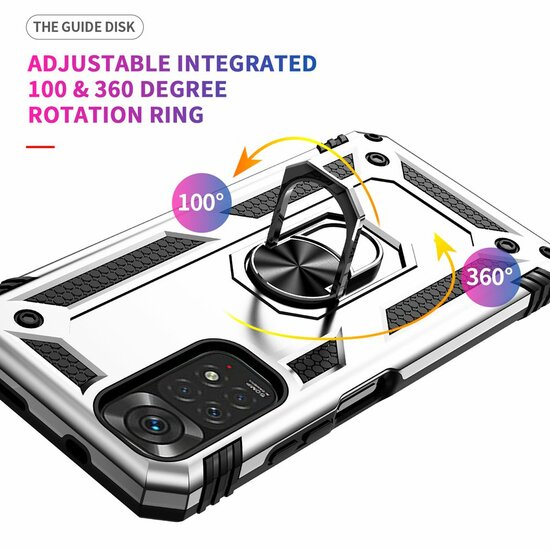 Xiaomi Redmi Note 11 / Note 11S Hoesje - MobyDefend Pantsercase Met Draaibare Ring - Zilvergrijs