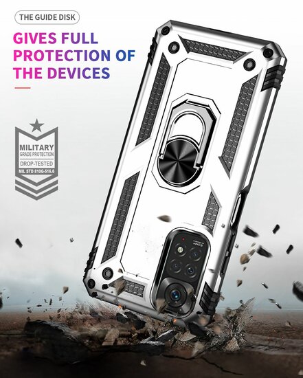 Xiaomi Redmi Note 11 / Note 11S Hoesje - MobyDefend Pantsercase Met Draaibare Ring - Zilvergrijs