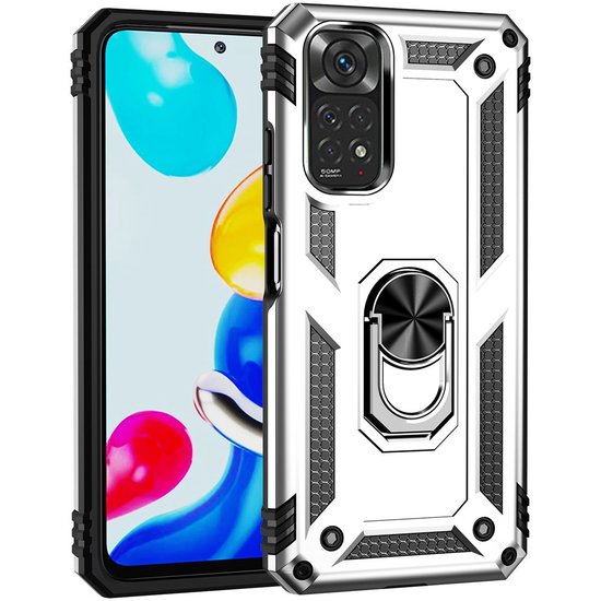 Xiaomi Redmi Note 11 / Note 11S Hoesje, MobyDefend Pantsercase Met Draaibare Ring, Zilvergrijs