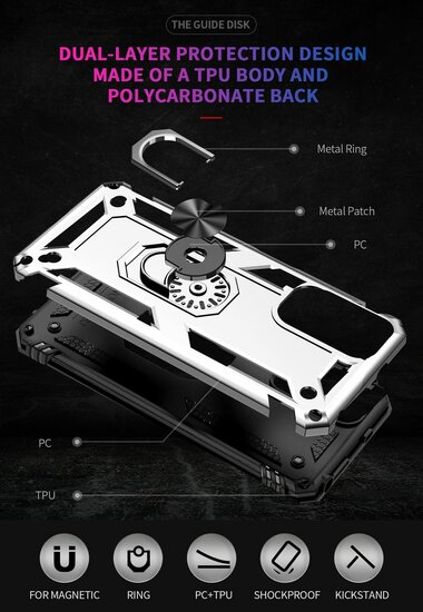 Xiaomi Redmi Note 11 / Note 11S Hoesje - MobyDefend Pantsercase Met Draaibare Ring - Zilvergrijs