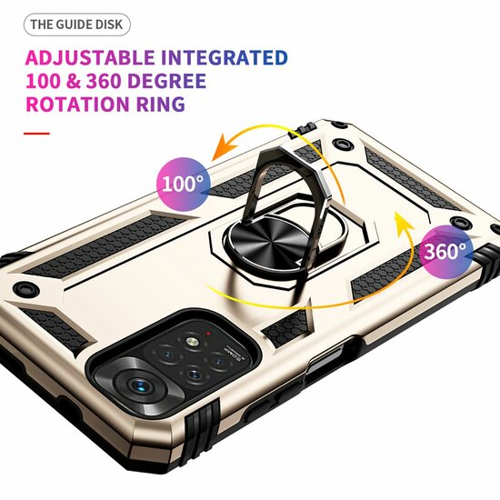 Xiaomi Redmi Note 11 / Note 11S Hoesje - MobyDefend Pantsercase Met Draaibare Ring - Goud