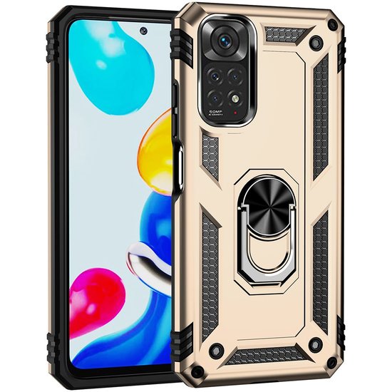 Xiaomi Redmi Note 11 / Note 11S Hoesje, MobyDefend Pantsercase Met Draaibare Ring, Goud