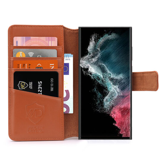 Samsung Galaxy S22 Ultra Hoesje, Luxe MobyDefend Wallet Bookcase, Lichtbruin