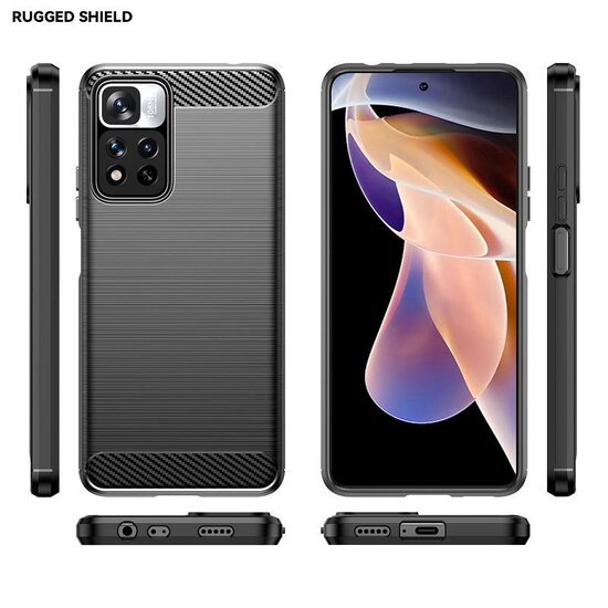 Xiaomi Redmi Note 11 Pro Hoesje - MobyDefend TPU Backcover - Geborstelde Metaal &amp; Carbon-Look - Zwart