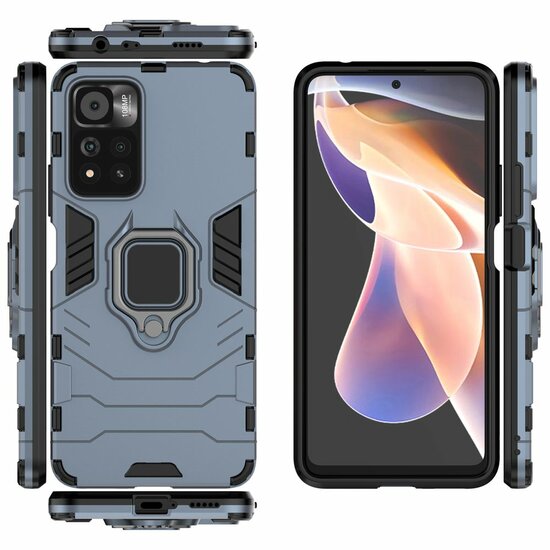 Xiaomi Redmi Note 11 Pro Hoesje, MobyDefend Dubbelgelaagde Pantsercase Met Standaard, Navy Blauw