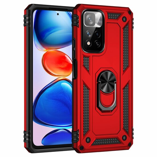 Xiaomi Redmi Note 11 Pro Hoesje, MobyDefend Pantsercase Met Draaibare Ring, Rood