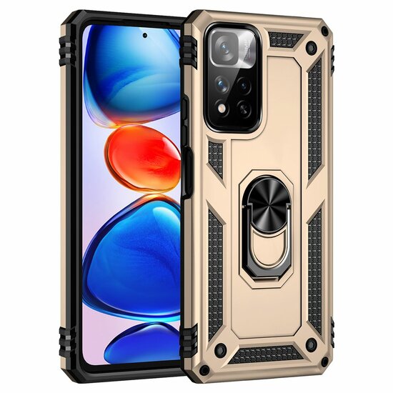 Xiaomi Redmi Note 11 Pro Hoesje, MobyDefend Pantsercase Met Draaibare Ring, Goud