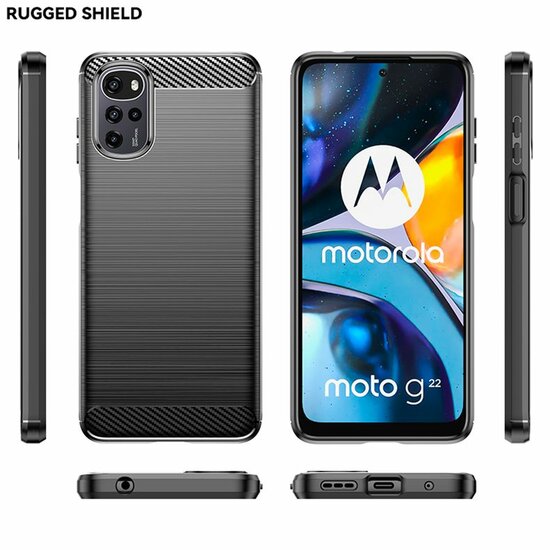 Motorola Moto E32 / E32S Hoesje, MobyDefend TPU Gelcase, Geborsteld Metaal + Carbonlook, Zwart