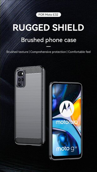 Motorola Moto E32 / E32S Hoesje, MobyDefend TPU Gelcase, Geborsteld Metaal + Carbonlook, Navy Blauw