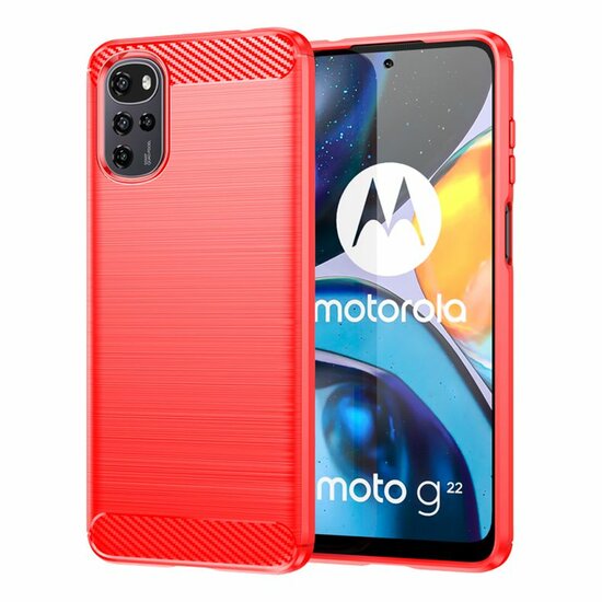 Motorola Moto E32 / E32S Hoesje, MobyDefend TPU Gelcase, Geborsteld Metaal + Carbonlook, Rood