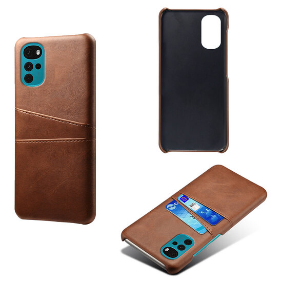 Motorola Moto G22 Hoesje - MobyDefend Lederen Backcover Met Vakjes Voor Pasjes - Bruin