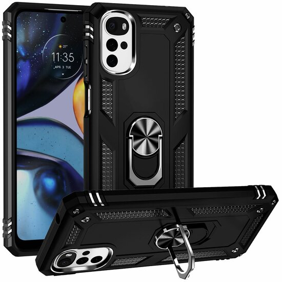 Motorola Moto G22 Hoesje - MobyDefend Pantsercase Met Draaibare Ring - Zwart