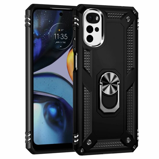 Motorola Moto G22 Hoesje - MobyDefend Pantsercase Met Draaibare Ring - Zwart