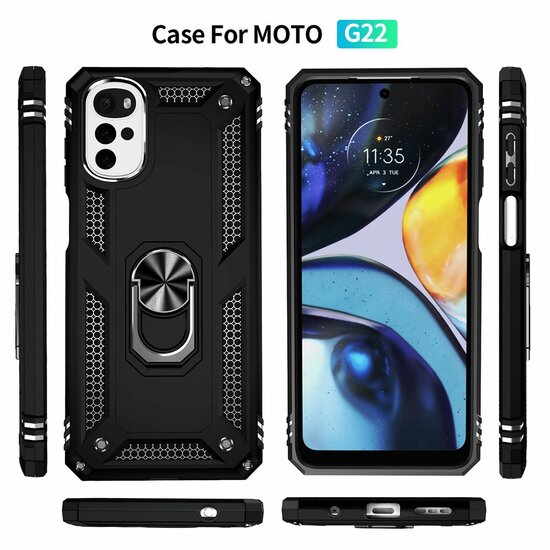 Motorola Moto G22 Hoesje - MobyDefend Pantsercase Met Draaibare Ring - Zwart