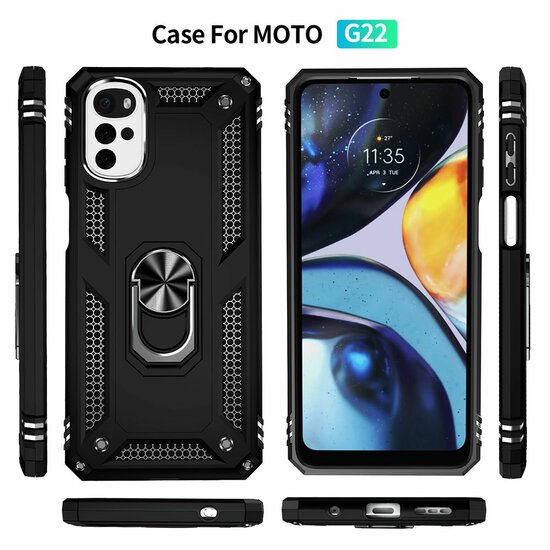 Motorola Moto G22 Hoesje, MobyDefend Pantsercase Met Draaibare Ring, Zwart