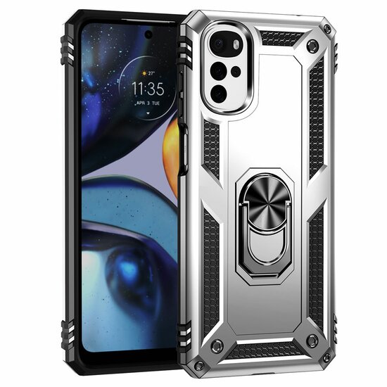Motorola Moto G22 Hoesje - MobyDefend Pantsercase Met Draaibare Ring - Zilvergrijs