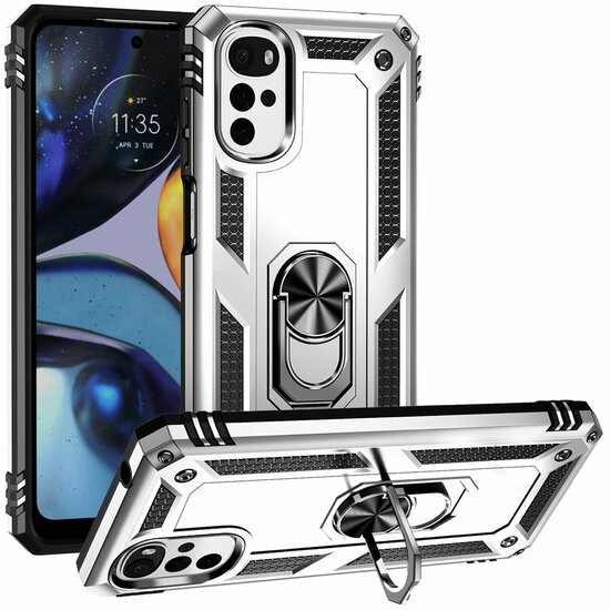 Motorola Moto G22 Hoesje - MobyDefend Pantsercase Met Draaibare Ring - Zilvergrijs