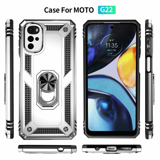 Motorola Moto G22 Hoesje - MobyDefend Pantsercase Met Draaibare Ring - Zilvergrijs