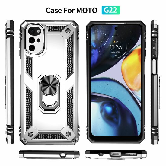 Motorola Moto G22 Hoesje, MobyDefend Pantsercase Met Draaibare Ring, Zilvergrijs