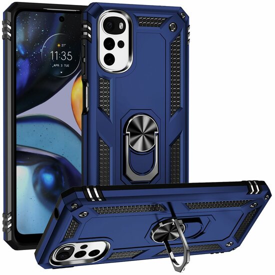 Motorola Moto G22 Hoesje, MobyDefend Pantsercase Met Draaibare Ring, Blauw