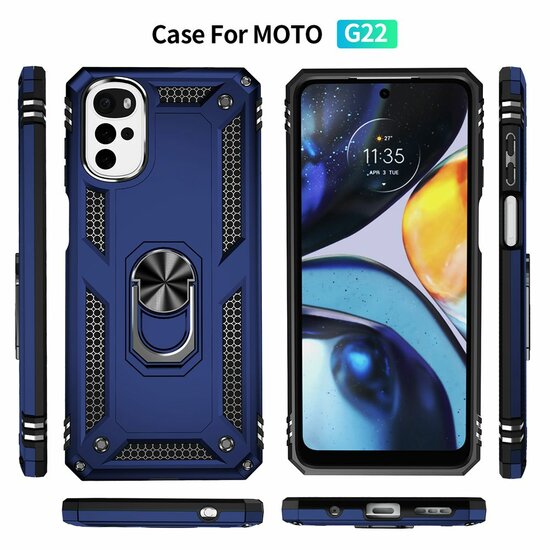 Motorola Moto G22 Hoesje, MobyDefend Pantsercase Met Draaibare Ring, Blauw