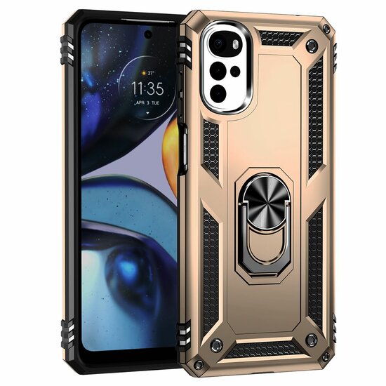 Motorola Moto G22 Hoesje - MobyDefend Pantsercase Met Draaibare Ring - Goud