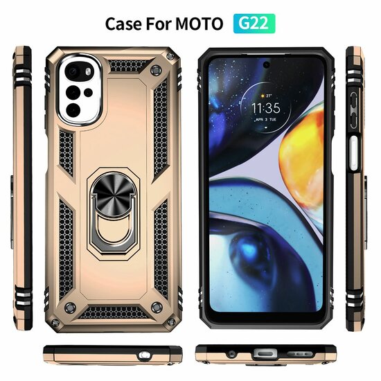 Motorola Moto G22 Hoesje - MobyDefend Pantsercase Met Draaibare Ring - Goud