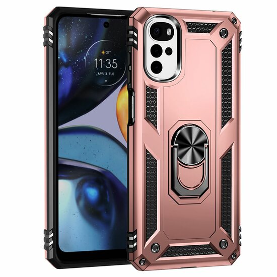 Motorola Moto G22 Hoesje - MobyDefend Pantsercase Met Draaibare Ring - Ros&eacute;