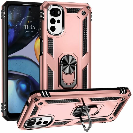Motorola Moto G22 Hoesje - MobyDefend Pantsercase Met Draaibare Ring - Ros&eacute;