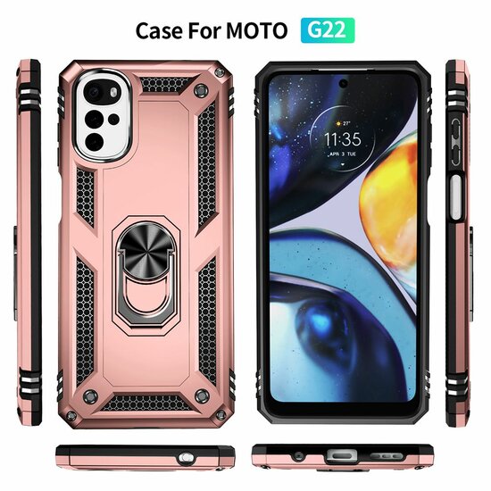 Motorola Moto G22 Hoesje - MobyDefend Pantsercase Met Draaibare Ring - Ros&eacute;