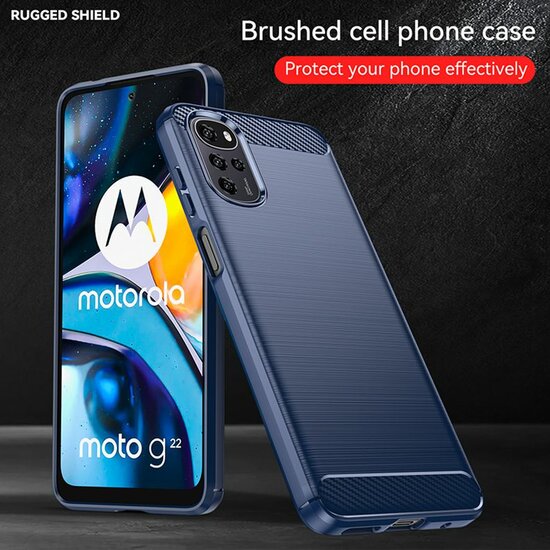 Motorola Moto G22 Hoesje, MobyDefend TPU Gelcase, Geborsteld Metaal + Carbonlook, Zwart