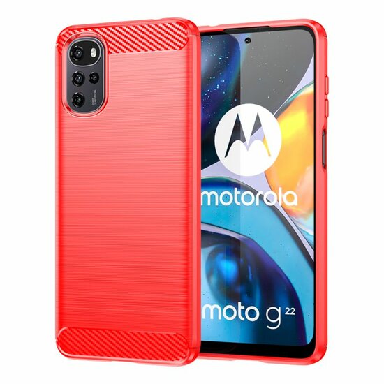 Motorola Moto G22 Hoesje, MobyDefend TPU Gelcase, Geborsteld Metaal + Carbonlook, Rood