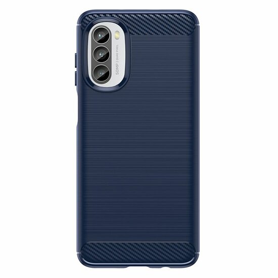 Motorola Moto G82 Hoesje, MobyDefend TPU Gelcase, Geborsteld Metaal + Carbonlook, Navy Blauw