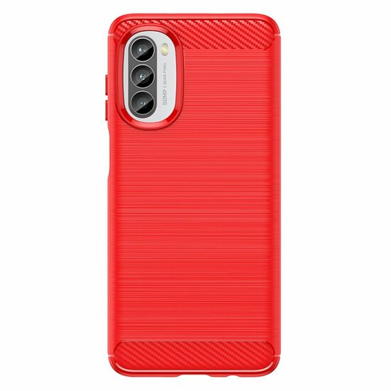 Motorola Moto G82 Hoesje, MobyDefend TPU Gelcase, Geborsteld Metaal + Carbonlook, Rood