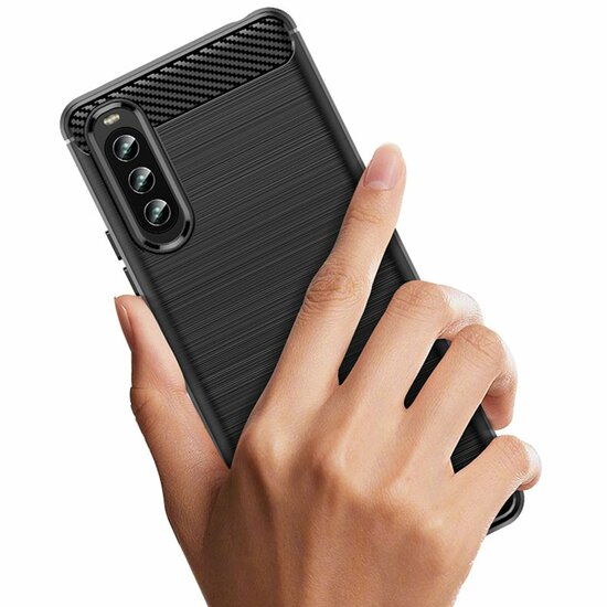 Sony Xperia 10 IV Hoesje - MobyDefend TPU Backcover - Geborstelde Metaal &amp; Carbon-Look - Zwart