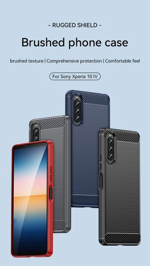 Sony Xperia 10 IV Hoesje, MobyDefend TPU Gelcase, Geborsteld Metaal + Carbonlook, Zwart