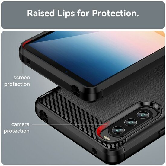 Sony Xperia 10 IV Hoesje - MobyDefend TPU Backcover - Geborstelde Metaal &amp; Carbon-Look - Zwart