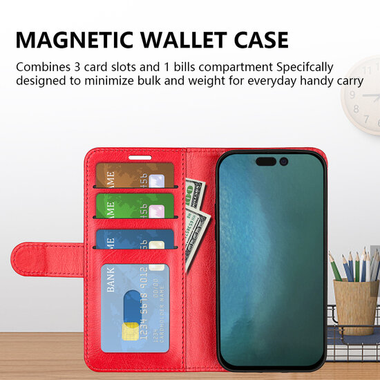 iPhone 14 Hoesje, MobyDefend Wallet Book Case (Sluiting Achterkant), Rood