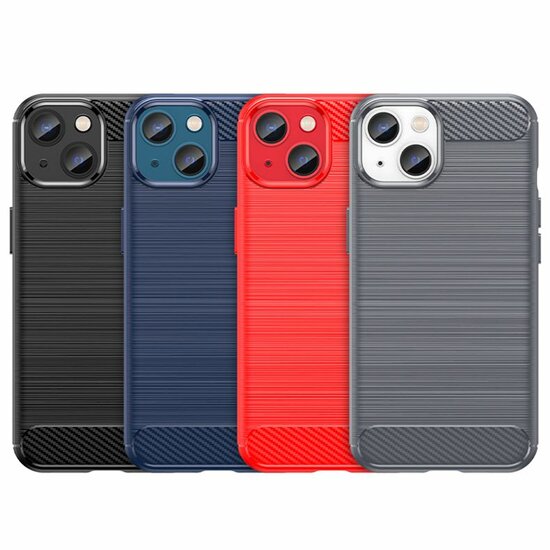 iPhone 14 Plus Hoesje, MobyDefend TPU Gelcase, Geborsteld Metaal + Carbonlook, Navy Blauw