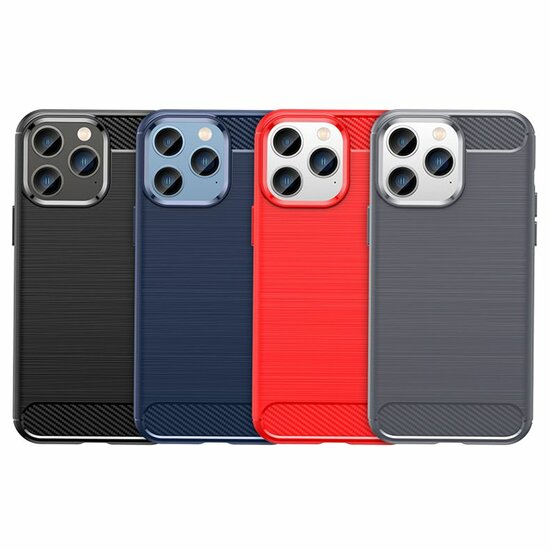iPhone 14 Pro Hoesje, MobyDefend TPU Gelcase, Geborsteld Metaal + Carbonlook, Zwart