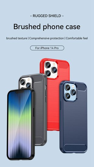 iPhone 14 Pro Hoesje, MobyDefend TPU Gelcase, Geborsteld Metaal + Carbonlook, Grijs
