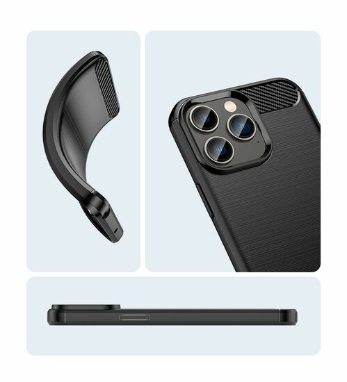 iPhone 14 Pro Max Hoesje, MobyDefend TPU Gelcase, Geborsteld Metaal + Carbonlook, Zwart