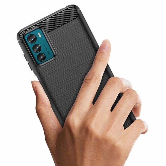 Motorola Moto G42 Hoesje, MobyDefend TPU Gelcase, Geborsteld Metaal + Carbonlook, Zwart