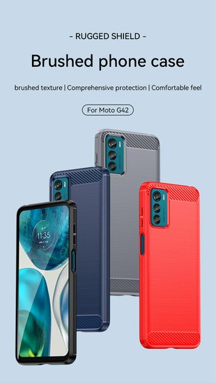 Motorola Moto G42 Hoesje, MobyDefend TPU Gelcase, Geborsteld Metaal + Carbonlook, Rood