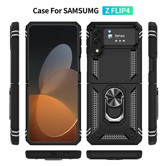 Samsung Galaxy Z Flip 4 Hoesje, MobyDefend Pantsercase Met Draaibare Ring, Zwart