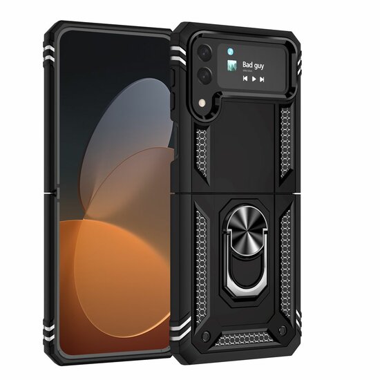 Samsung Galaxy Z Flip 4 Hoesje - MobyDefend Pantsercase Met Draaibare Ring - Zwart