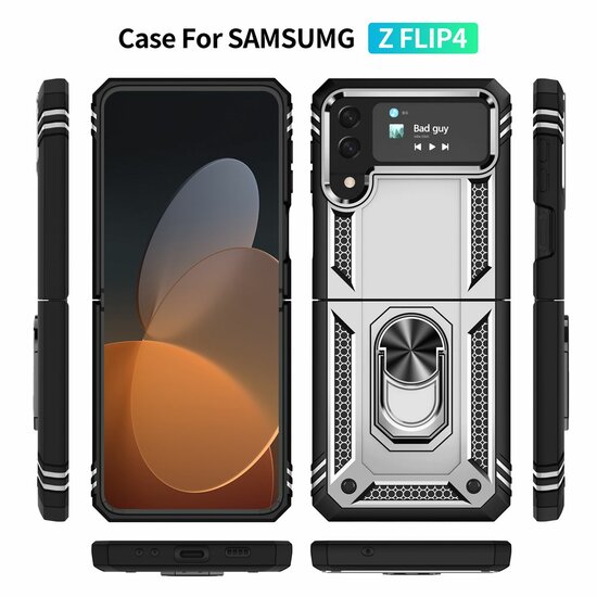 Samsung Galaxy Z Flip 4 Hoesje, MobyDefend Pantsercase Met Draaibare Ring, Zilvergrijs