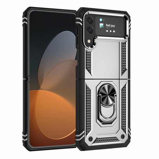 Samsung Galaxy Z Flip 4 Hoesje - MobyDefend Pantsercase Met Draaibare Ring - Zilvergrijs