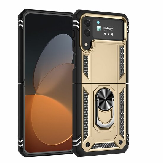 Samsung Galaxy Z Flip 4 Hoesje - MobyDefend Pantsercase Met Draaibare Ring - Goud
