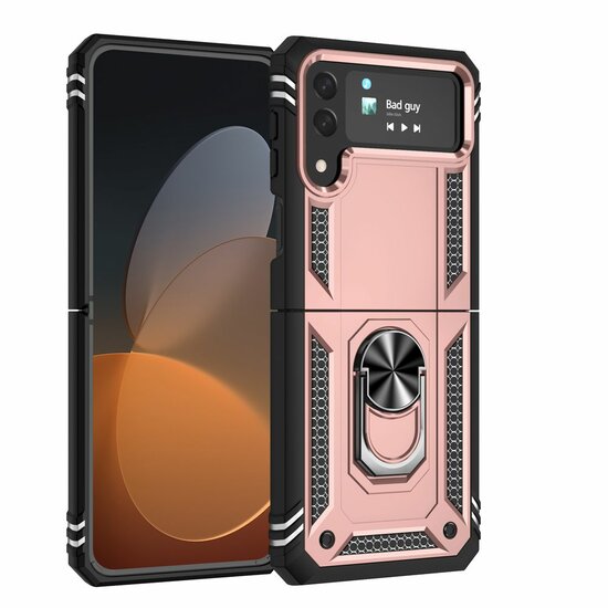 Samsung Galaxy Z Flip 4 Hoesje, MobyDefend Pantsercase Met Draaibare Ring, Ros&eacute;